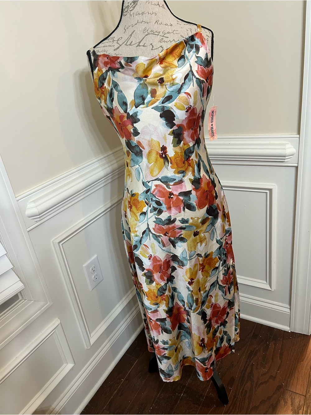 Inspired Hearts Floral Cowl-Neck Slip Dress in White, Yellow & Coral